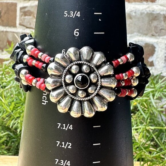 VTG Flower Sterling Silver Bracelet Buffalo Nickel Clasp Black Onyx Red Beads - Picture 5 of 15